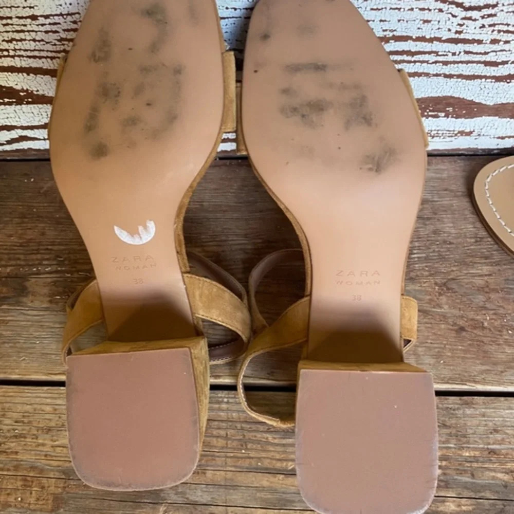 Zara Tan Suede Raffia Pom Pom Strappy Sandals 38 - Picture 10 of 13